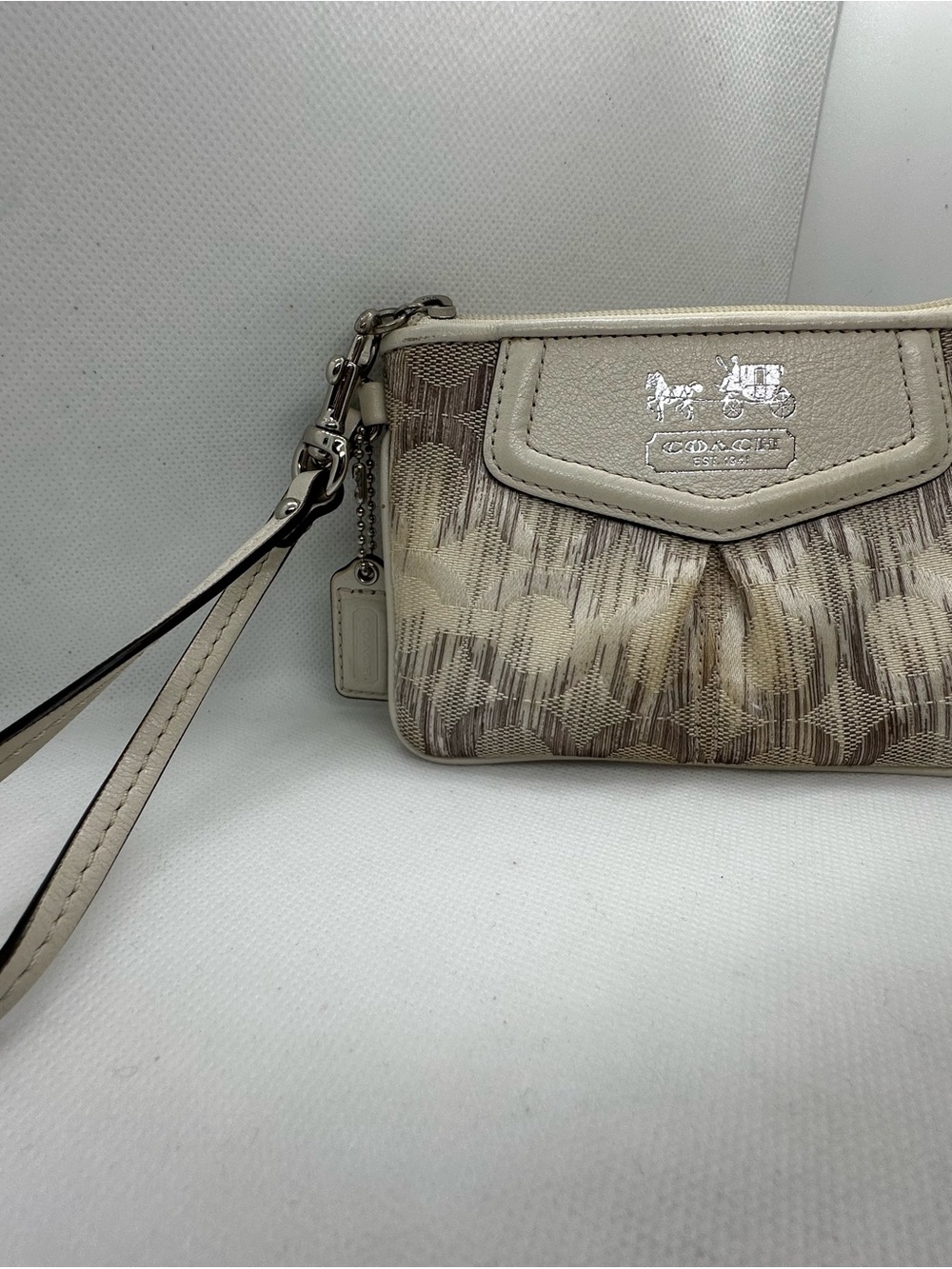 Coach Beige Signature Wristlet with Ivory Trim and Silver Hardware (112)